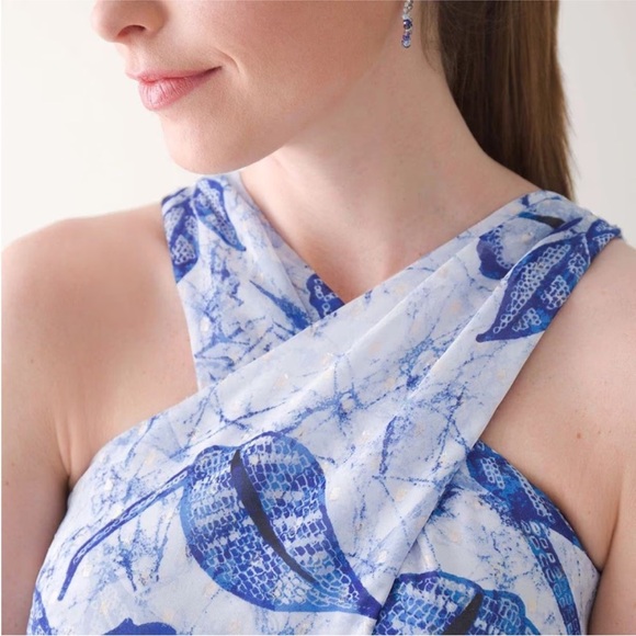 White House Black Market halter neck floral midi dress features a blue and white - Picture 3 of 7